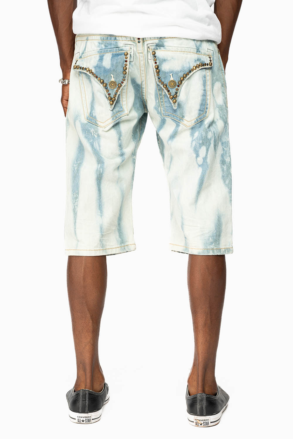 MENS DESTROYED SHORTS WITH KILLER FLAP POCKET IN FLORENCE WASH WITH STUDS AND CRYSTALS