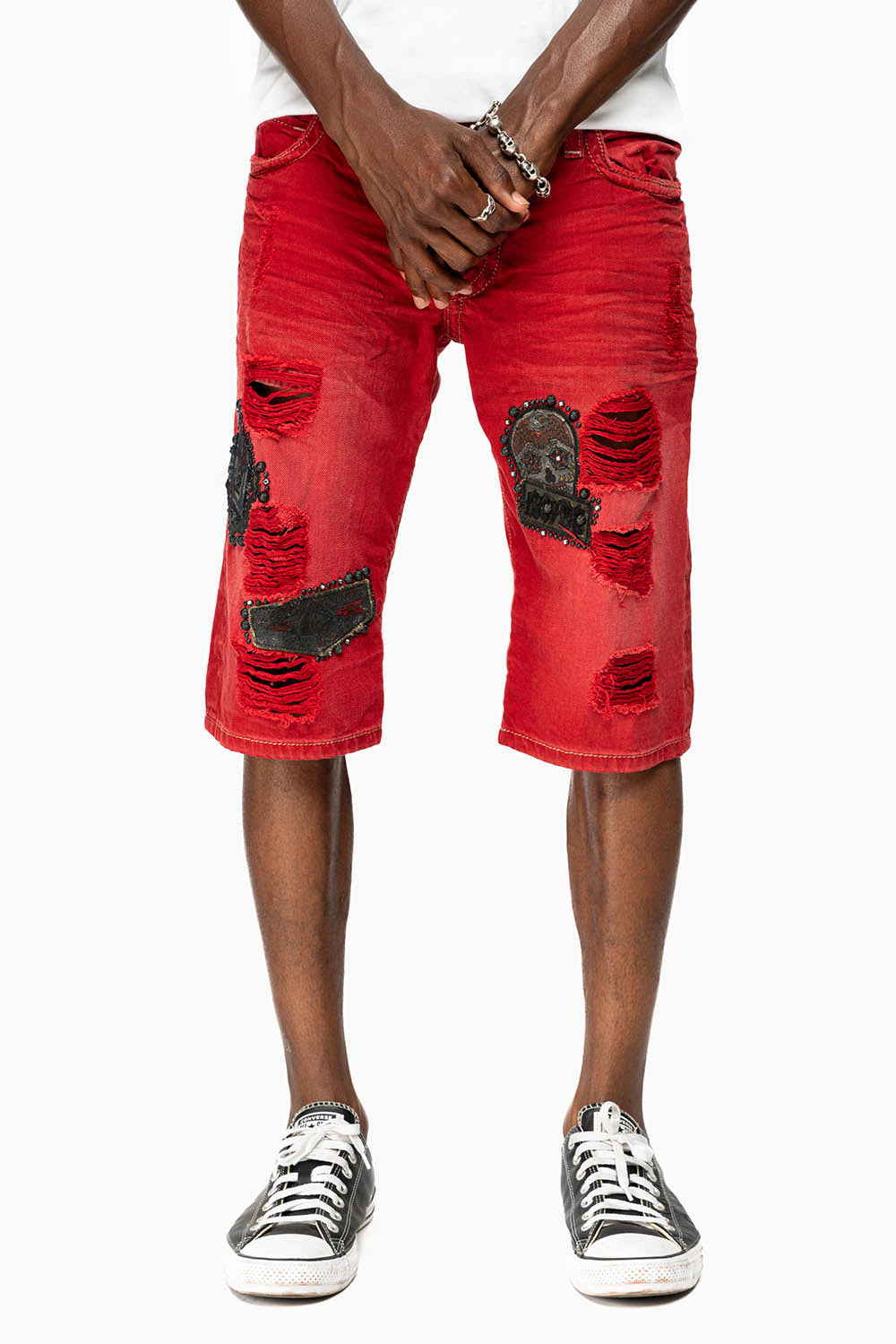 DESTROY KILLER FLAP MENS SHORTS IN F_ED UP RED WITH PATCHES