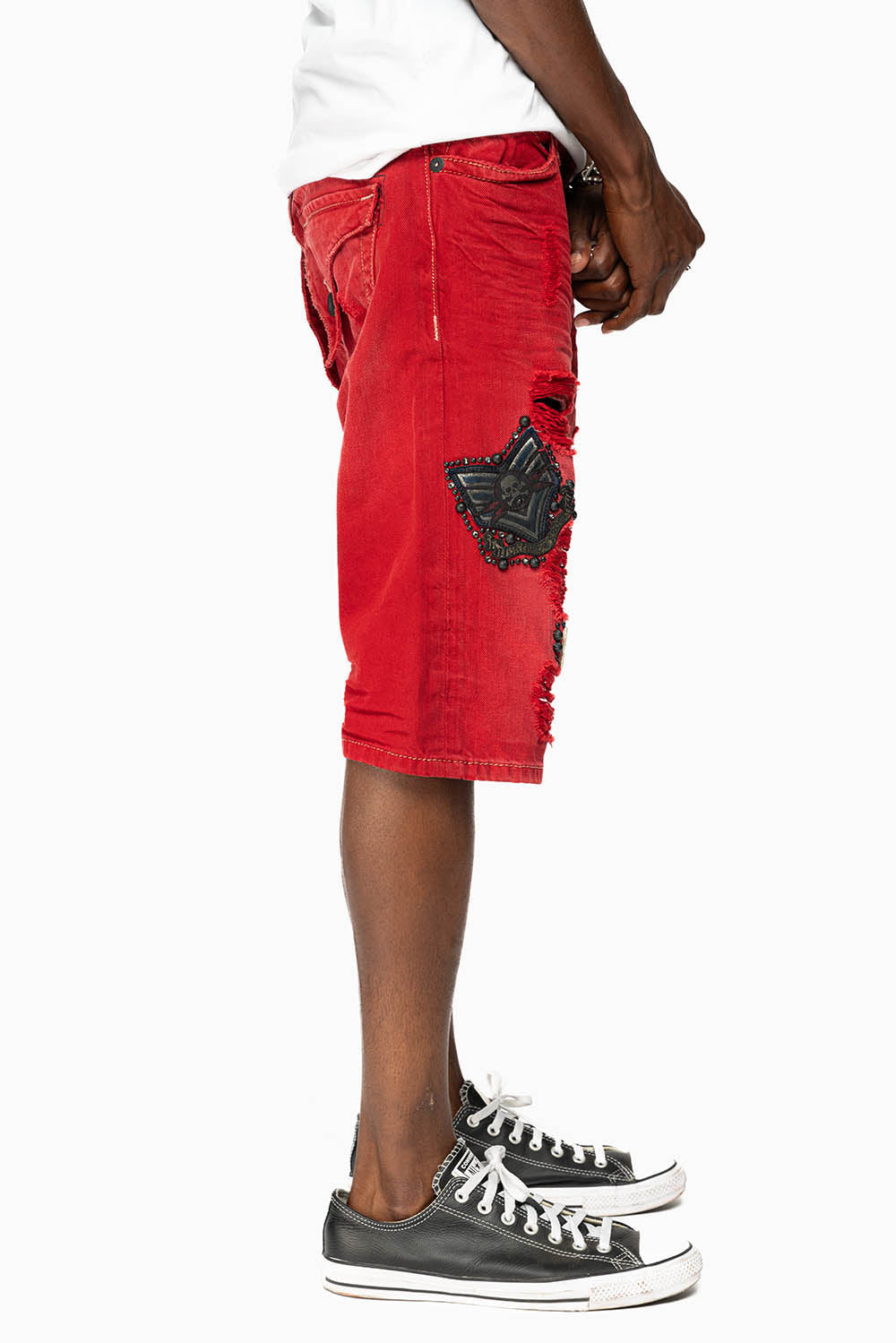 DESTROY KILLER FLAP MENS SHORTS IN F_ED UP RED WITH PATCHES