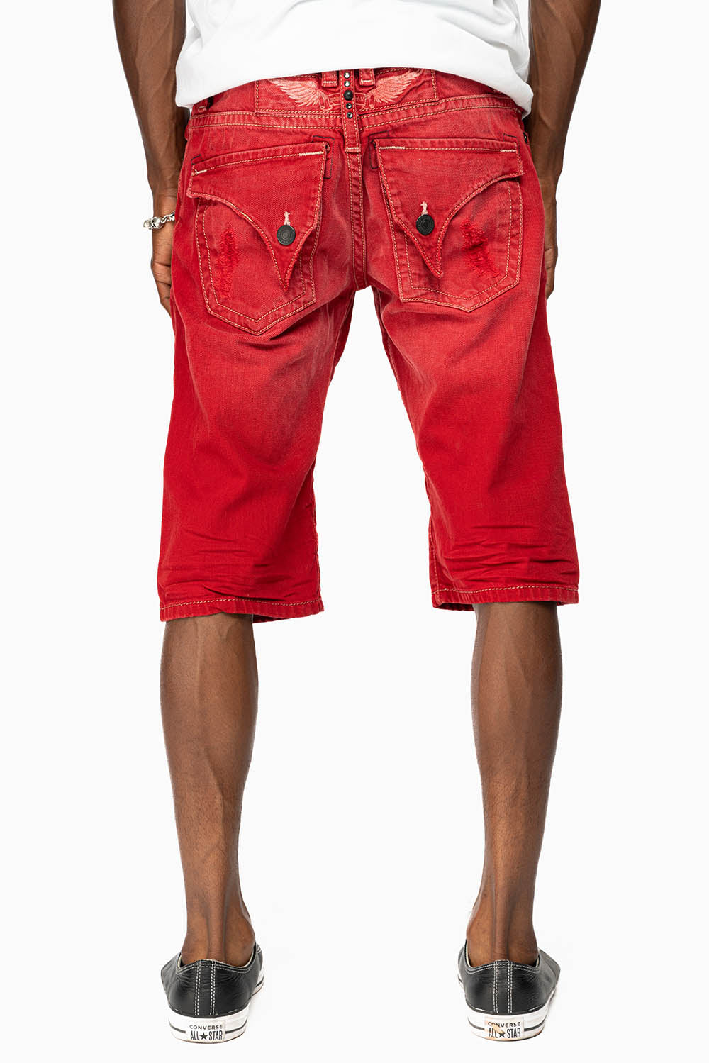DESTROY KILLER FLAP MENS SHORTS IN F_ED UP RED WITH PATCHES