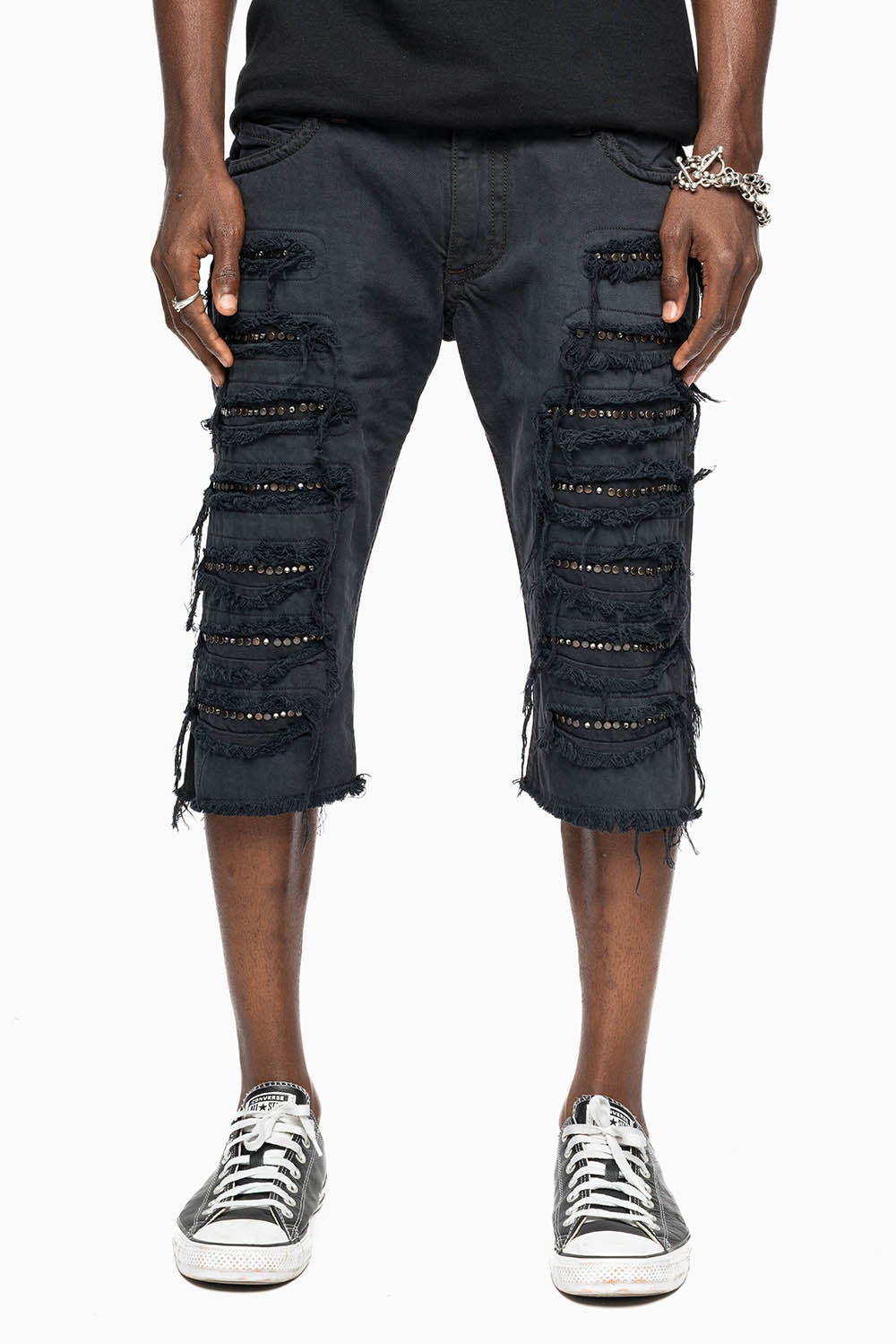 MENS DESTROYED SHORTS WITH KILLER FLAP POCKET IN BLACK EMBELLISHED WITH CRYSTALS AND STUDS