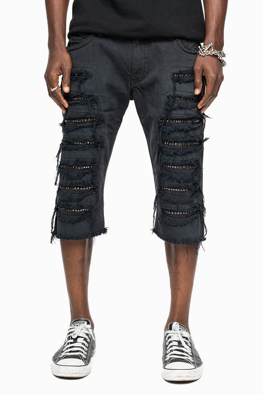 MENS DESTROYED SHORTS WITH KILLER FLAP POCKET IN BLACK EMBELLISHED WITH CRYSTALS AND STUDS