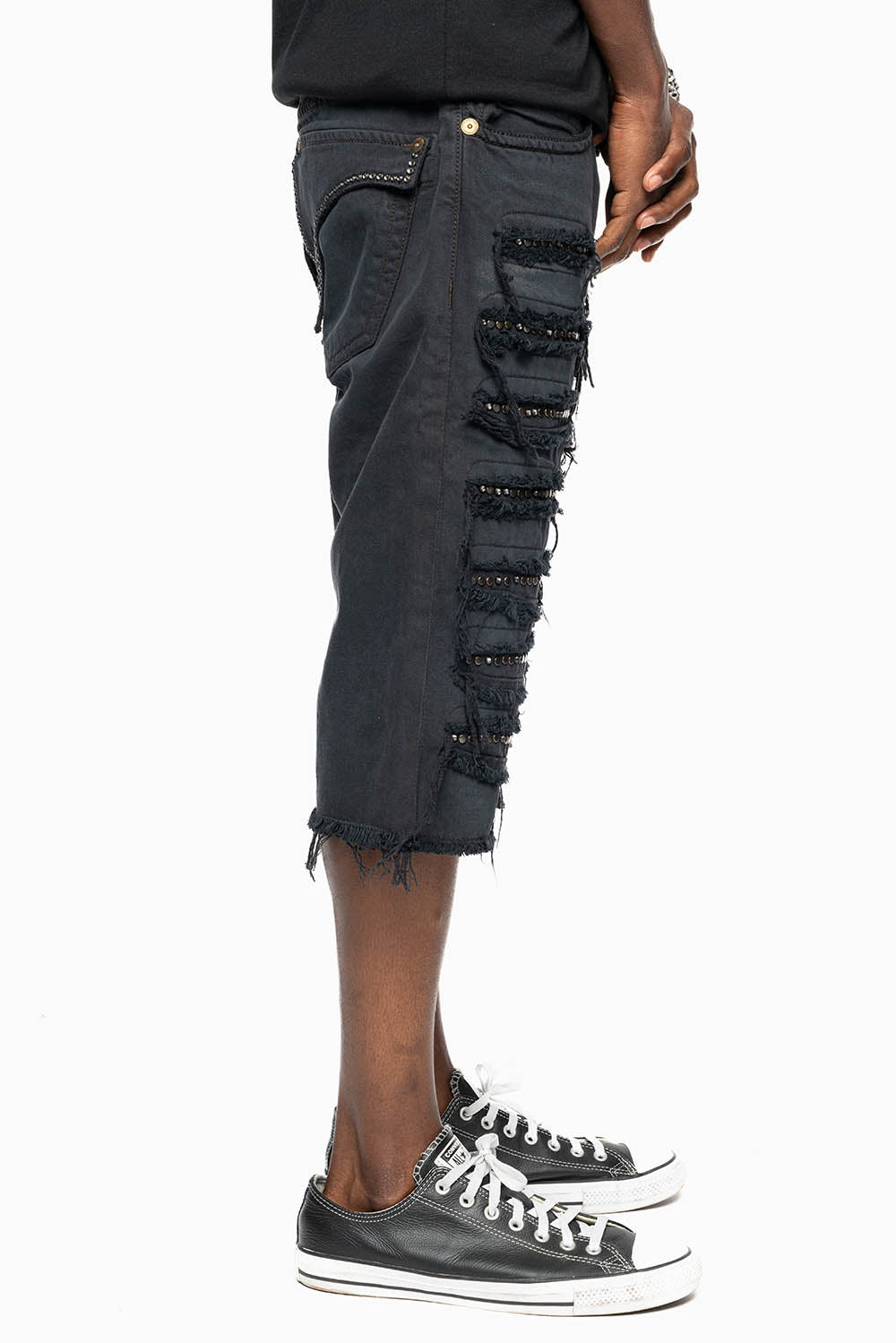 MENS DESTROYED SHORTS WITH KILLER FLAP POCKET IN BLACK EMBELLISHED WITH CRYSTALS AND STUDS