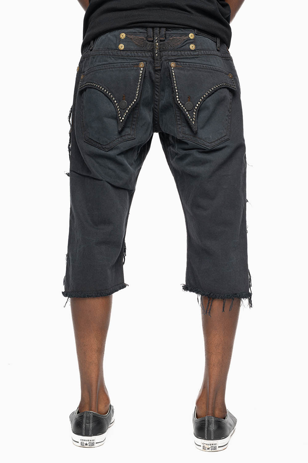 MENS DESTROYED SHORTS WITH KILLER FLAP POCKET IN BLACK EMBELLISHED WITH CRYSTALS AND STUDS