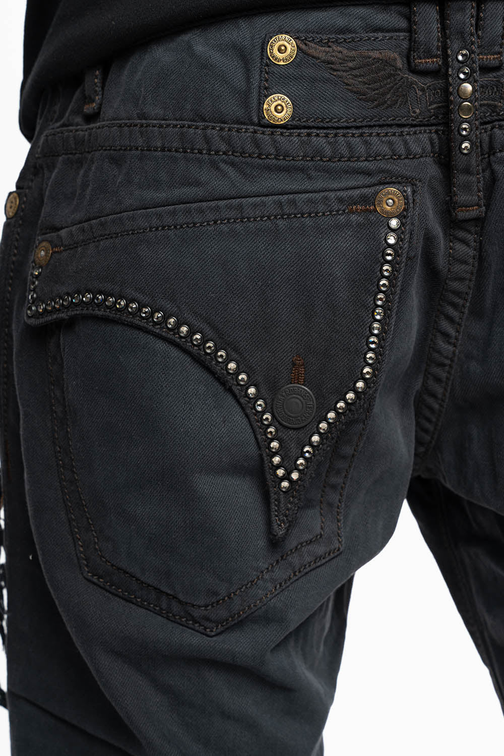 MENS DESTROYED SHORTS WITH KILLER FLAP POCKET IN BLACK EMBELLISHED WITH CRYSTALS AND STUDS