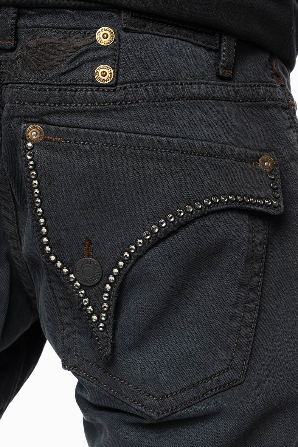 MENS DESTROYED SHORTS WITH KILLER FLAP POCKET IN BLACK EMBELLISHED WITH CRYSTALS AND STUDS