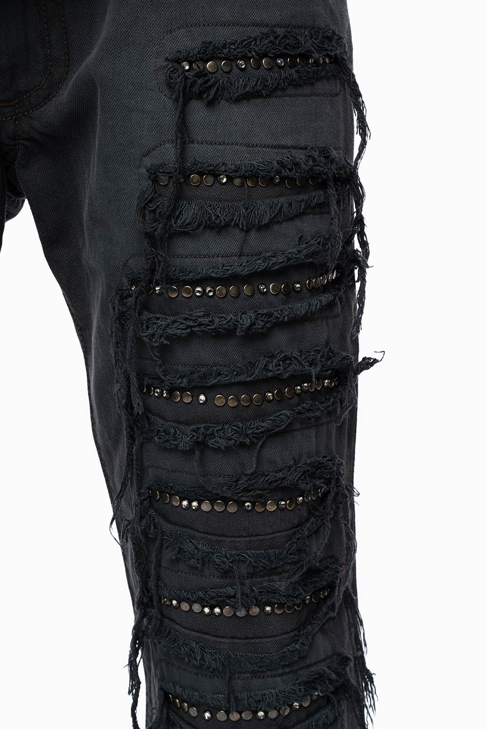 MENS DESTROYED SHORTS WITH KILLER FLAP POCKET IN BLACK EMBELLISHED WITH CRYSTALS AND STUDS