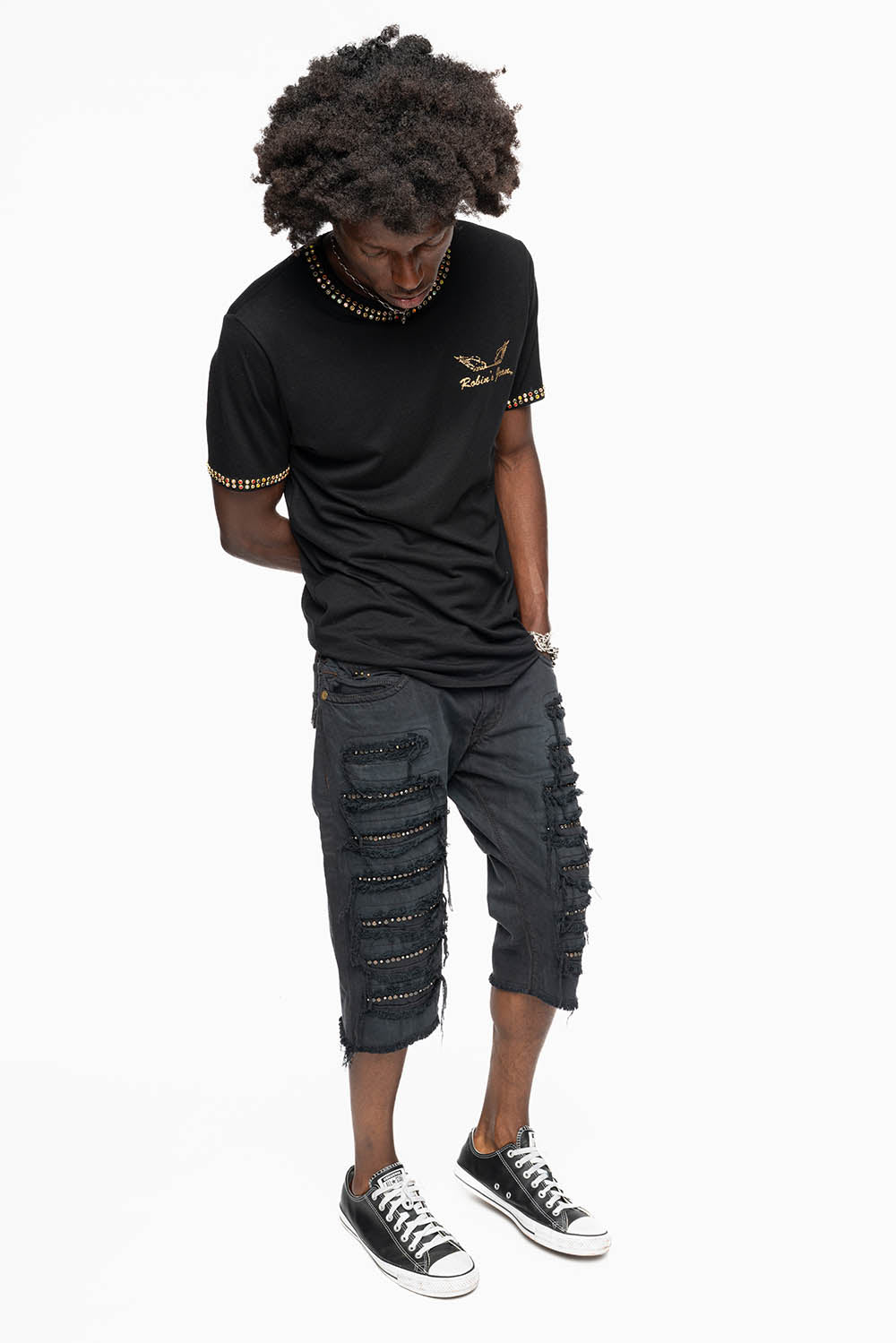 MENS DESTROYED SHORTS WITH KILLER FLAP POCKET IN BLACK EMBELLISHED WITH CRYSTALS AND STUDS