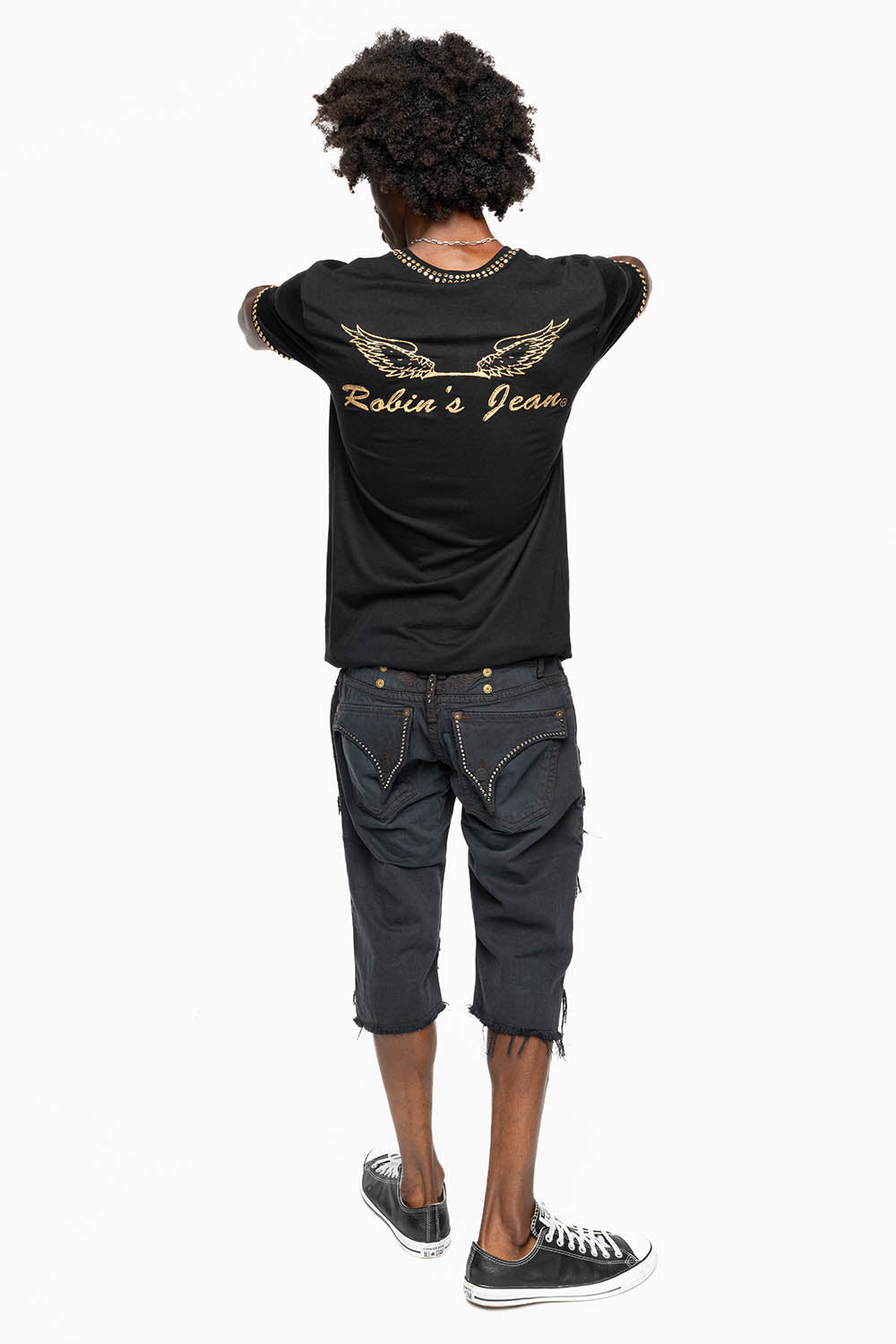 MENS DESTROYED SHORTS WITH KILLER FLAP POCKET IN BLACK EMBELLISHED WITH CRYSTALS AND STUDS
