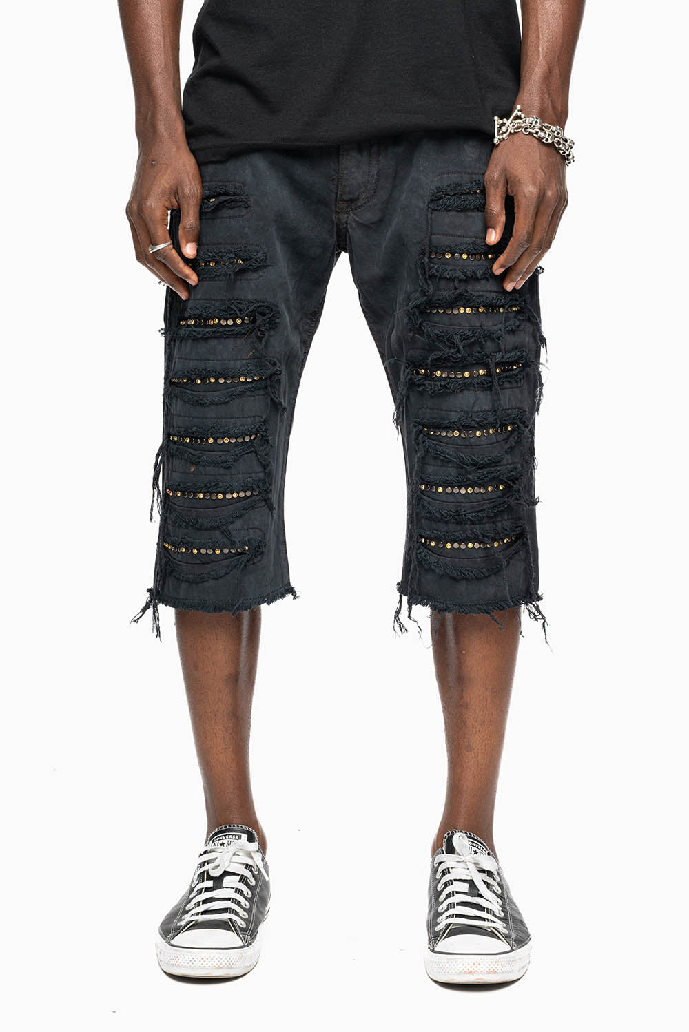 MENS DESTROYED SHORTS WITH KILLER FLAP POCKET IN BLACK EMBELLISHED WITH GOLD CRYSTALS AND GUNMETAL STUDS