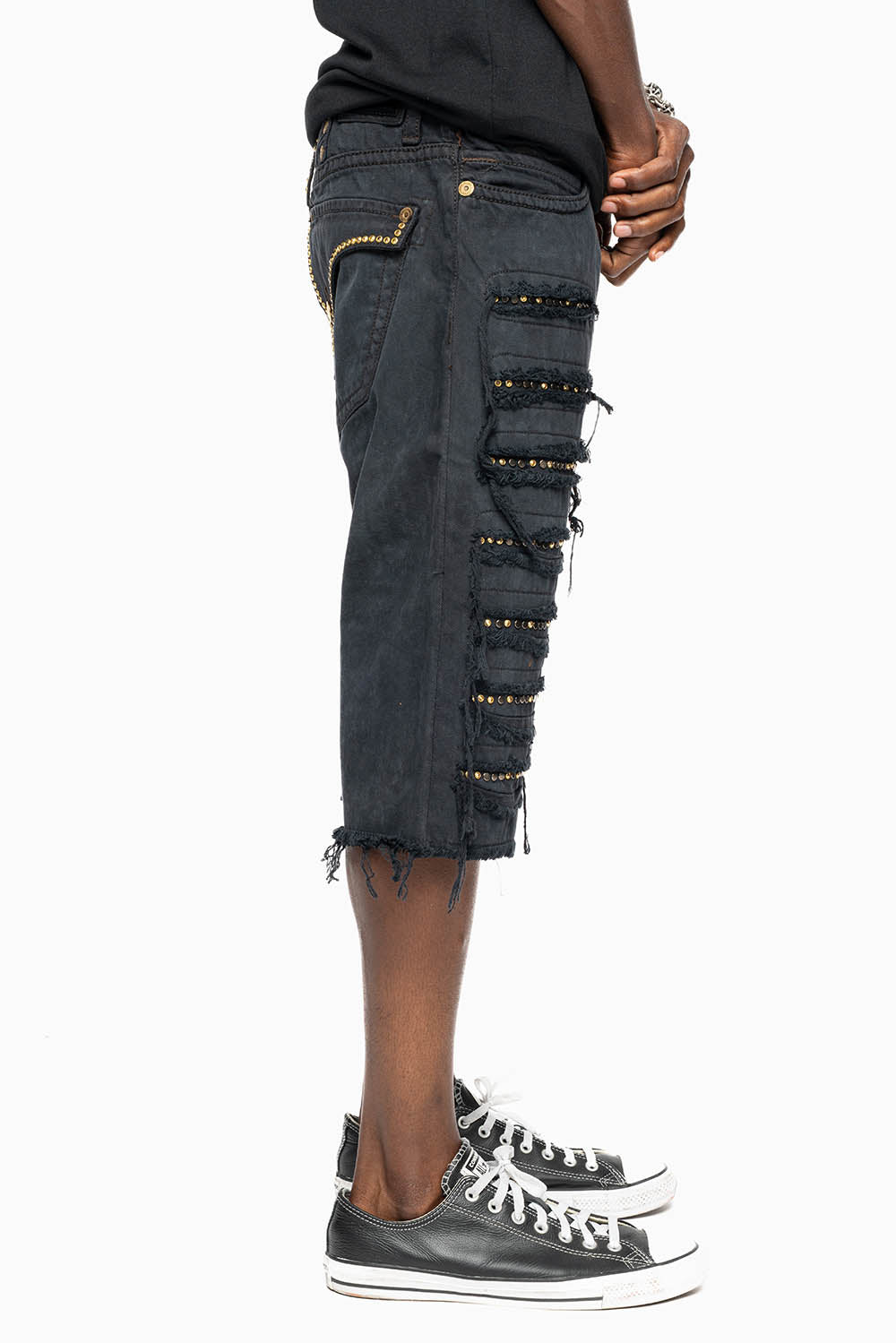 MENS DESTROYED SHORTS WITH KILLER FLAP POCKET IN BLACK EMBELLISHED WITH GOLD CRYSTALS AND GUNMETAL STUDS