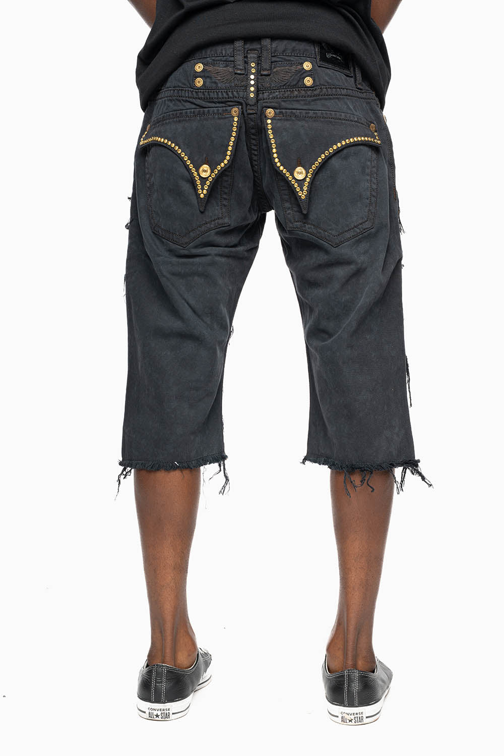 MENS DESTROYED SHORTS WITH KILLER FLAP POCKET IN BLACK EMBELLISHED WITH GOLD CRYSTALS AND GUNMETAL STUDS