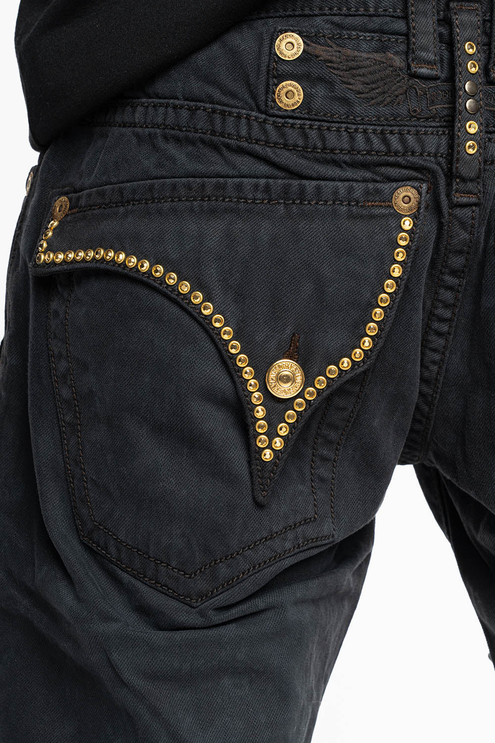 MENS DESTROYED SHORTS WITH KILLER FLAP POCKET IN BLACK EMBELLISHED WITH GOLD CRYSTALS AND GUNMETAL STUDS