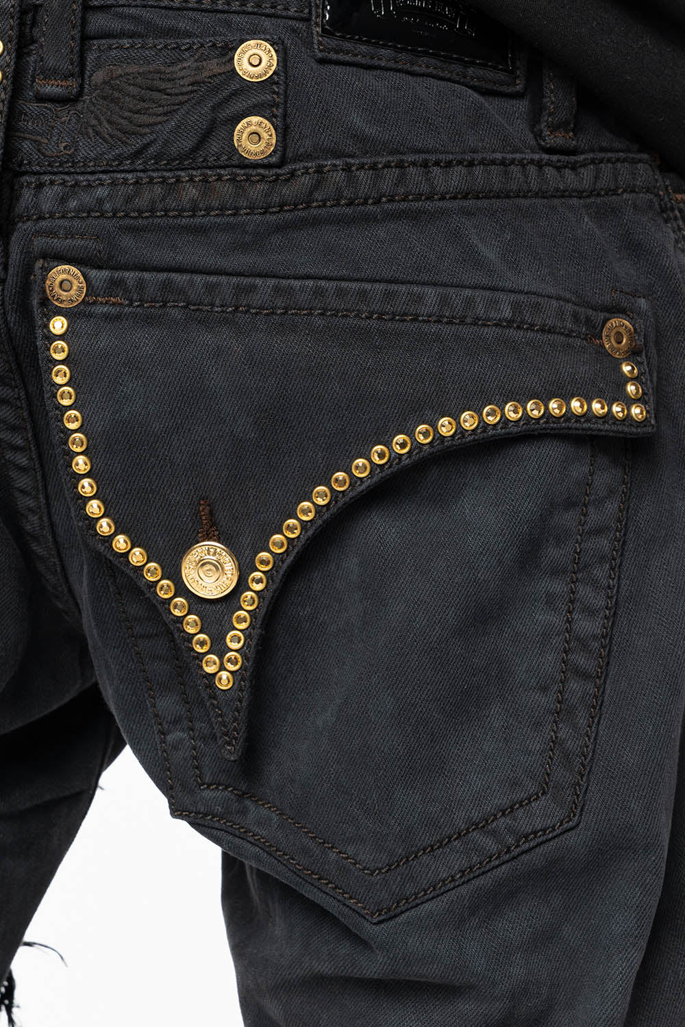 MENS DESTROYED SHORTS WITH KILLER FLAP POCKET IN BLACK EMBELLISHED WITH GOLD CRYSTALS AND GUNMETAL STUDS