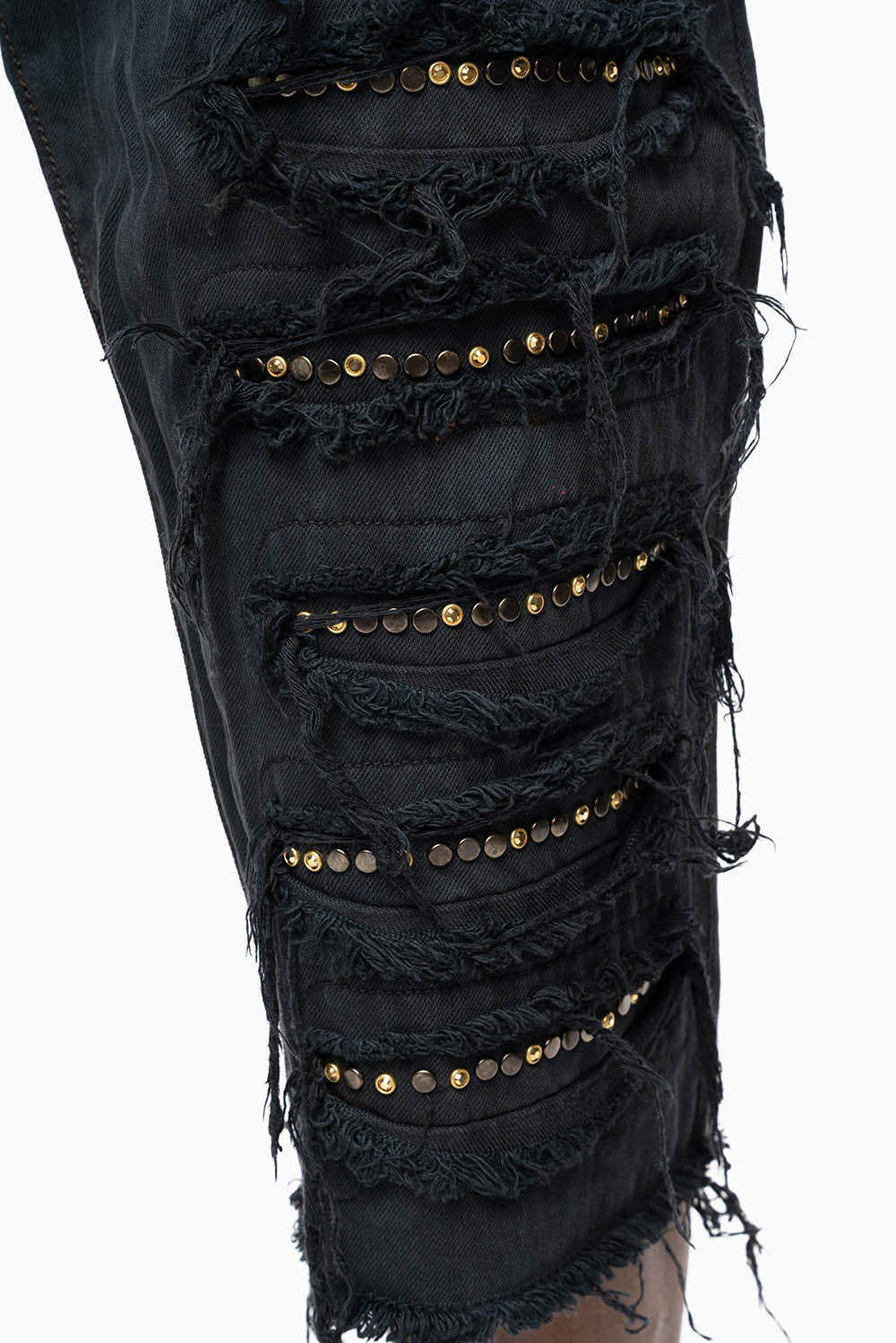 MENS DESTROYED SHORTS WITH KILLER FLAP POCKET IN BLACK EMBELLISHED WITH GOLD CRYSTALS AND GUNMETAL STUDS
