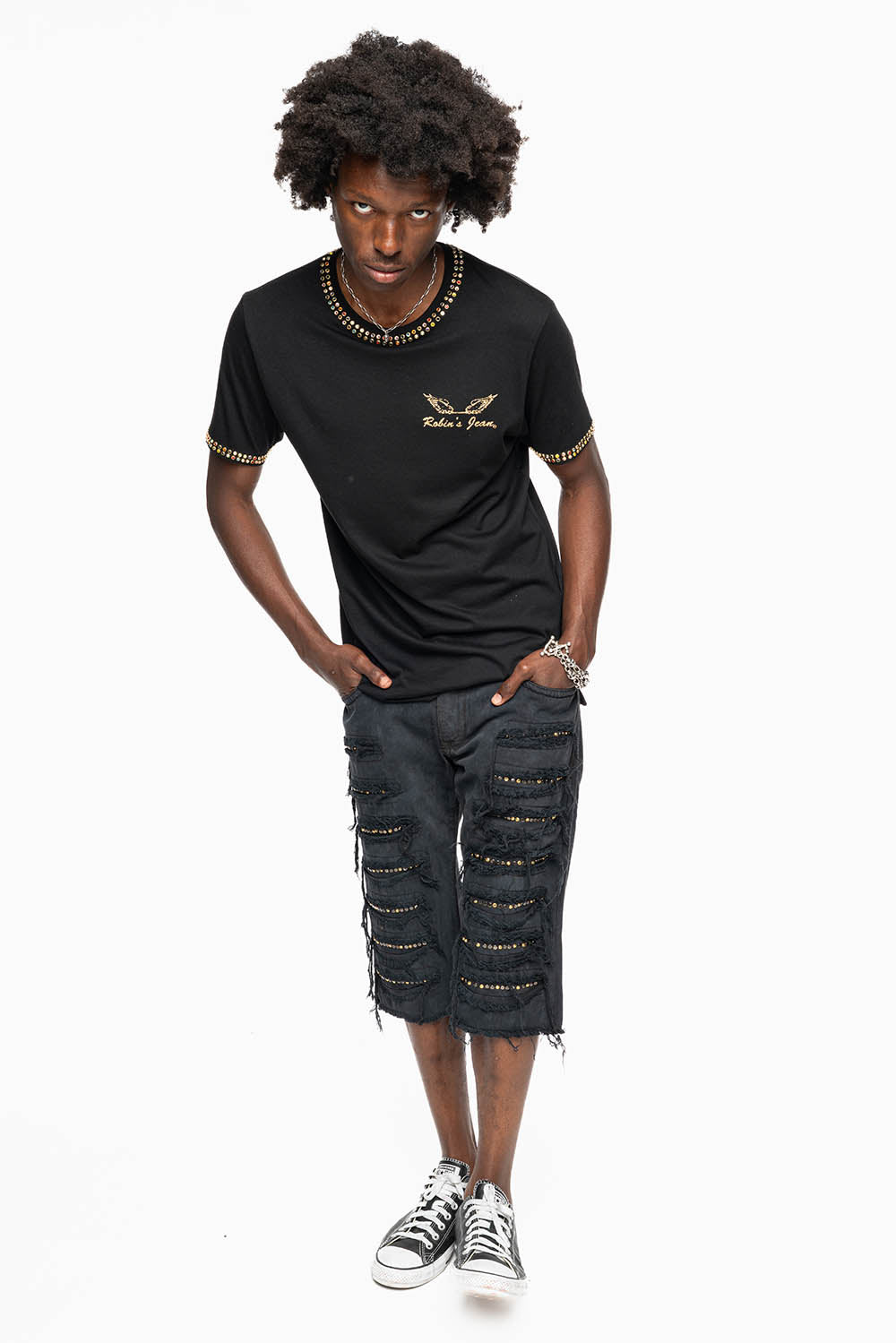MENS DESTROYED SHORTS WITH KILLER FLAP POCKET IN BLACK EMBELLISHED WITH GOLD CRYSTALS AND GUNMETAL STUDS