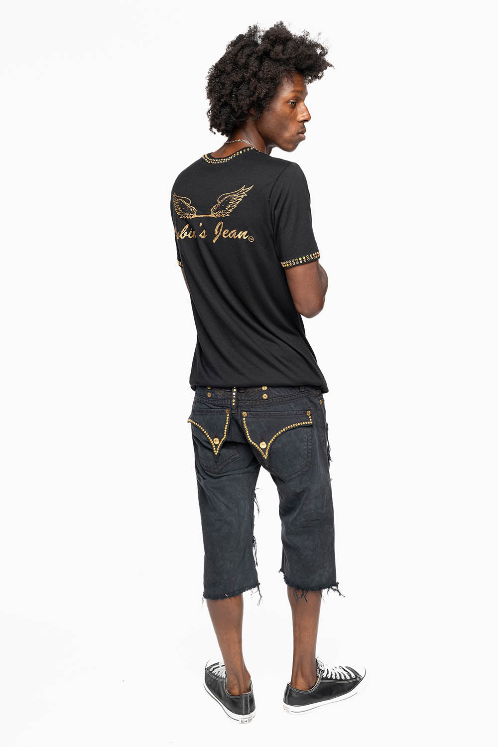MENS DESTROYED SHORTS WITH KILLER FLAP POCKET IN BLACK EMBELLISHED WITH GOLD CRYSTALS AND GUNMETAL STUDS