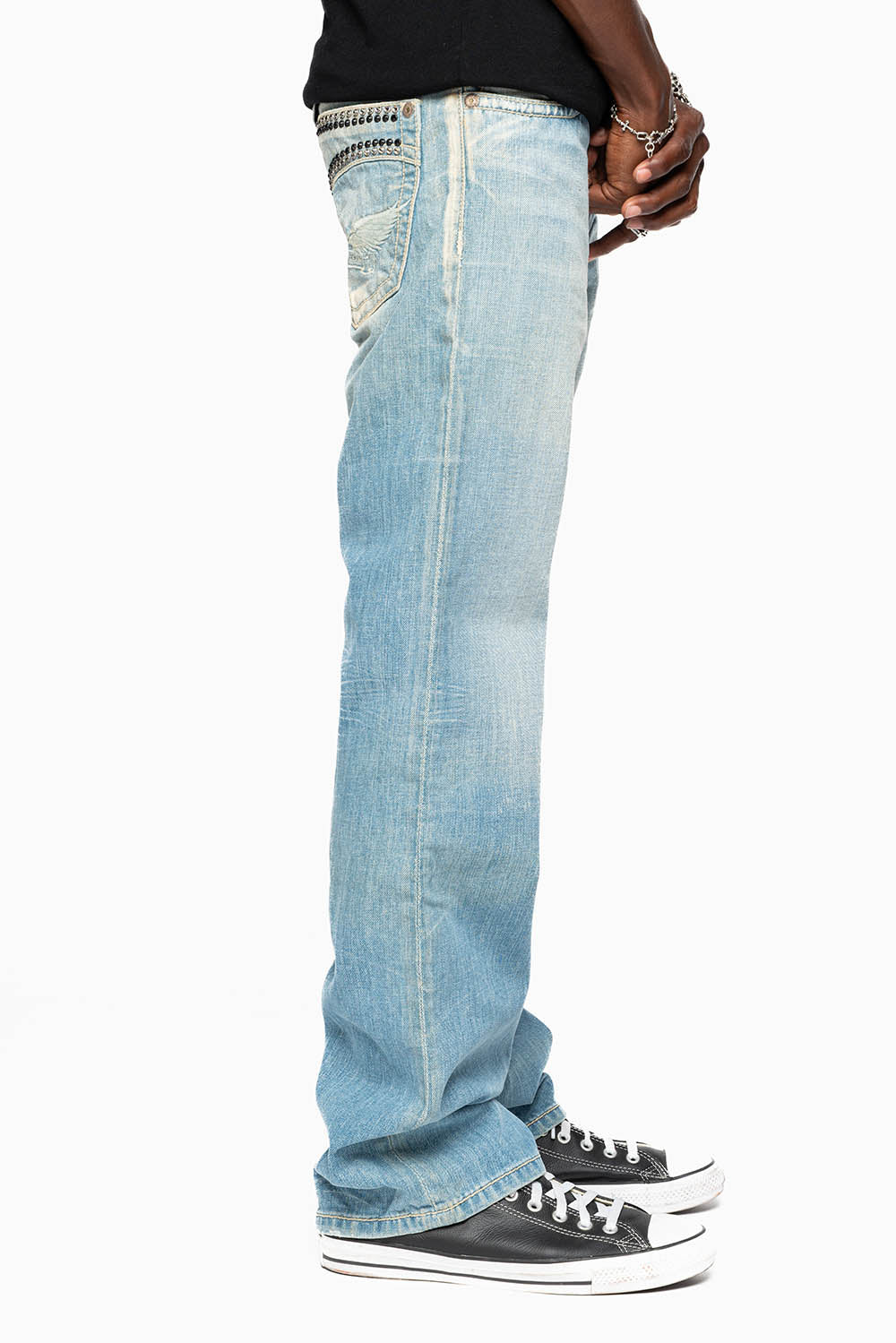 CLASSIC 5 POCKET STRAIGHT LEG JEAN IN LIGHT WASH WITH CRYSTALS