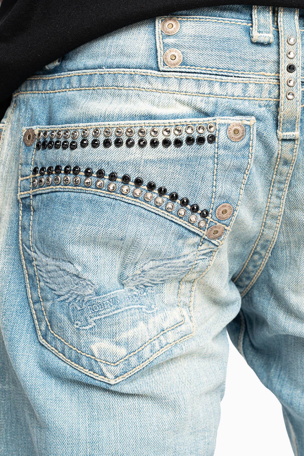CLASSIC 5 POCKET STRAIGHT LEG JEAN IN LIGHT WASH WITH CRYSTALS