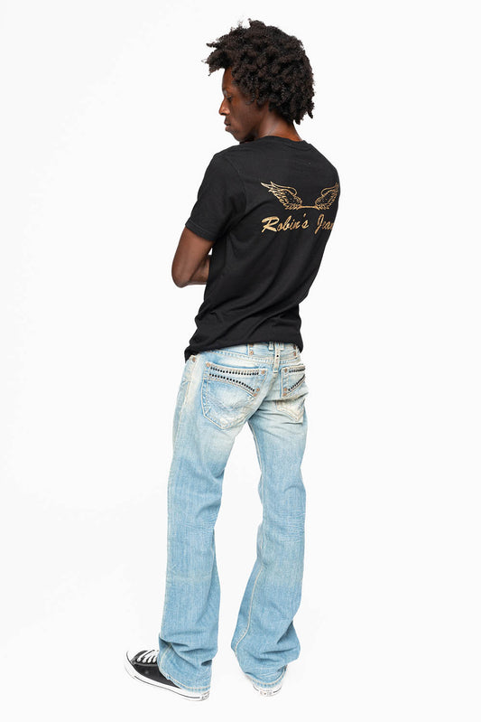 CLASSIC 5 POCKET STRAIGHT LEG JEAN IN LIGHT WASH WITH CRYSTALS
