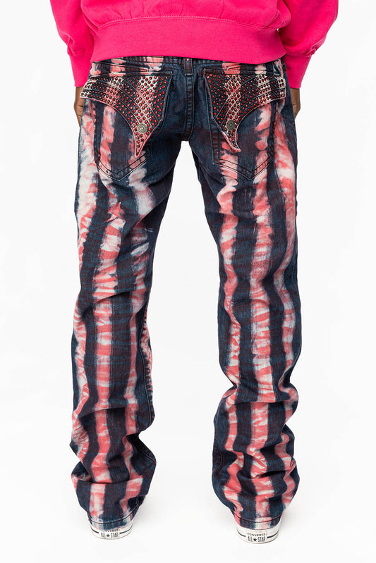 GYPSY STRAIGHT LEG RE-PATCHED JEANS WITH LONG FLAP EMBELLISHED WITH FULL RED CRYSTALS IN PRISONER RED