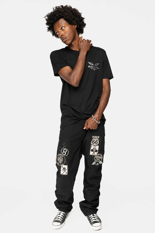 GYPSY STRAIGHT LEG JEANS LIMITED EDITION WITH PATCHES EMBELLISHED WITH CRYSTALS IN PURE BLK