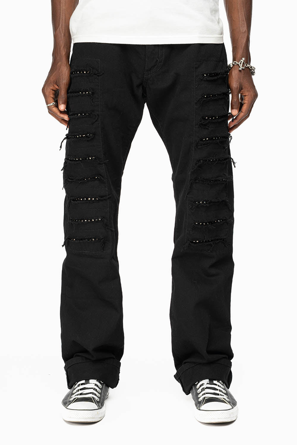 GYPSY STRAIGHT LEG JEANS LIMITED EDITION RIPPED AND REPATCHED IN PURE BLK AND EMBELLISHED WITH BLK DIAMOND CRYSTALS