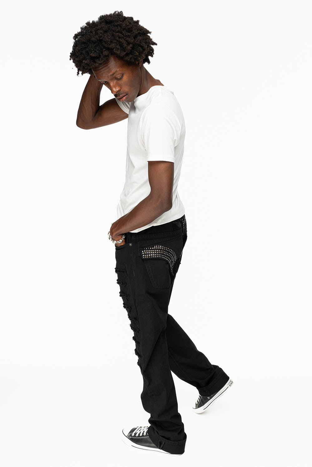 GYPSY STRAIGHT LEG JEANS LIMITED EDITION RIPPED AND REPATCHED IN PURE BLK AND EMBELLISHED WITH BLK DIAMOND CRYSTALS