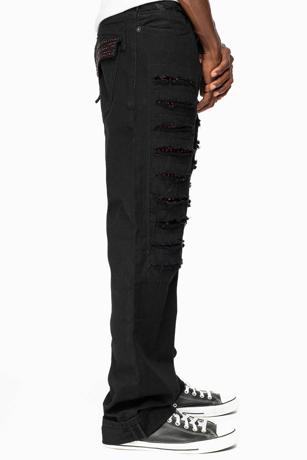 GYPSY STRAIGHT LEG JEANS LIMITED EDITION RIPPED AND REPATCHED IN PURE BLK AND EMBELLISHED WITH RED CRYSTALS