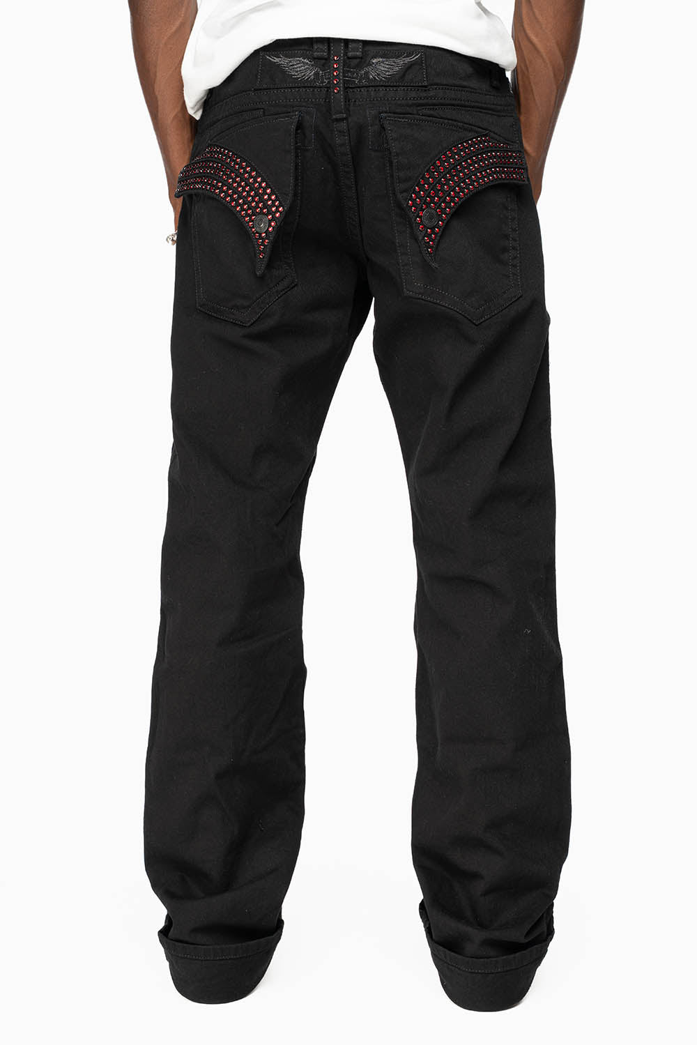 GYPSY STRAIGHT LEG JEANS LIMITED EDITION RIPPED AND REPATCHED IN PURE BLK AND EMBELLISHED WITH RED CRYSTALS