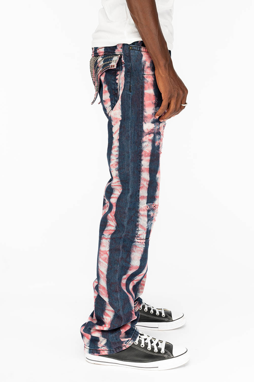 GYPSY STRAIGHT LEG REPATCHED JEANS WITH LONG FLAP EMBELLISHED  WITH CRYSTALS IN PRISONER RED