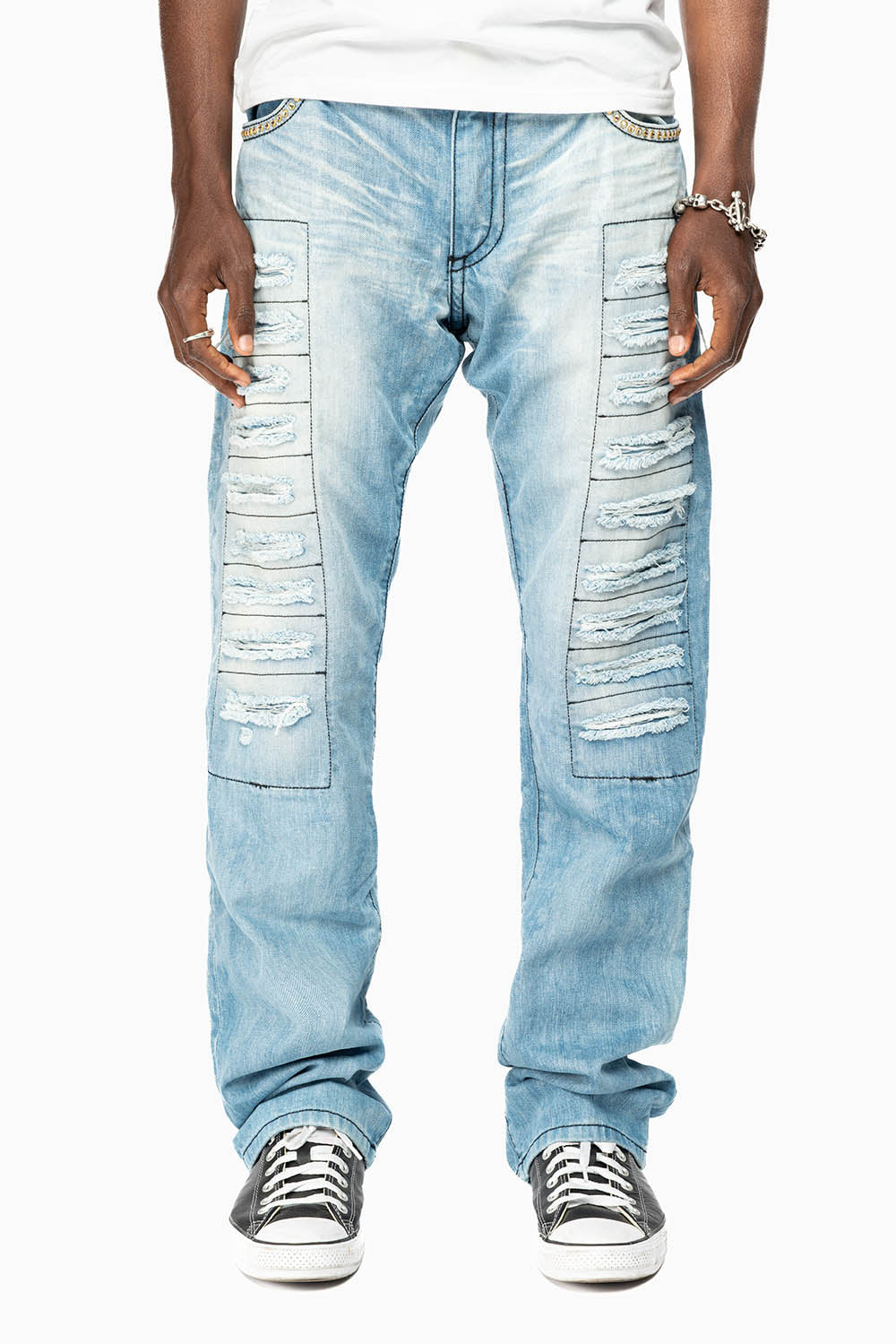 GYPSY STRAIGHT LEG JEANS LIMITED EDITION REPAIRED EMBELLISHED WITH CRYSTALS IN BLUE 5D LIGHT WASH