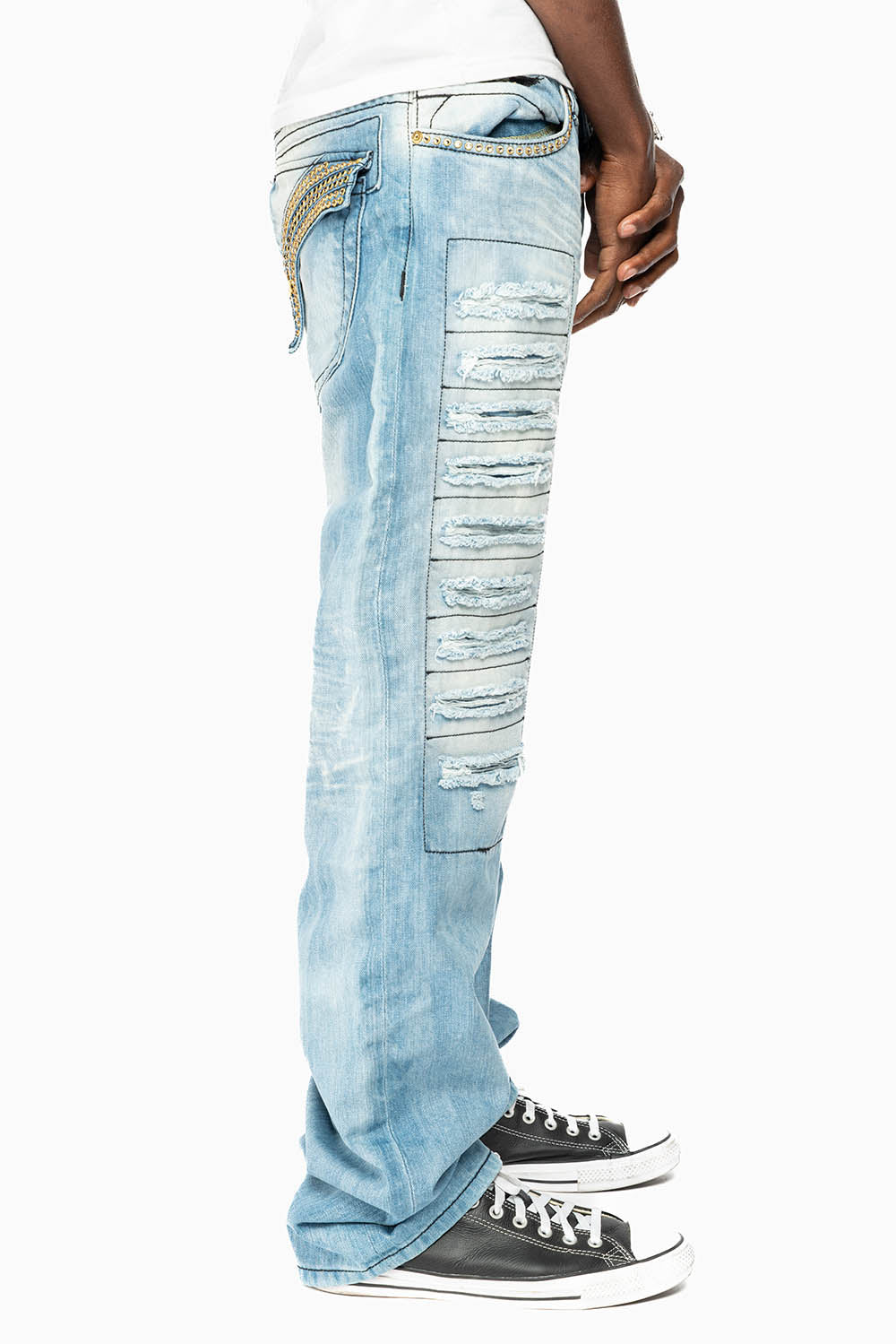 GYPSY STRAIGHT LEG JEANS LIMITED EDITION REPAIRED EMBELLISHED WITH CRYSTALS IN BLUE 5D LIGHT WASH