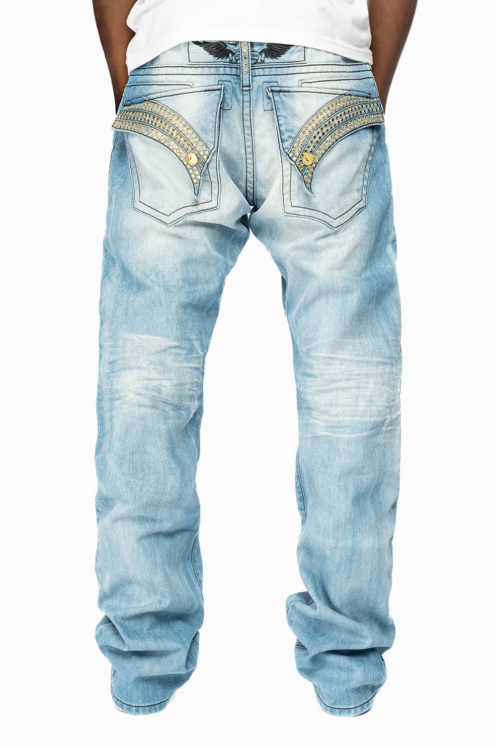 GYPSY STRAIGHT LEG JEANS LIMITED EDITION REPAIRED EMBELLISHED WITH CRYSTALS IN BLUE 5D LIGHT WASH
