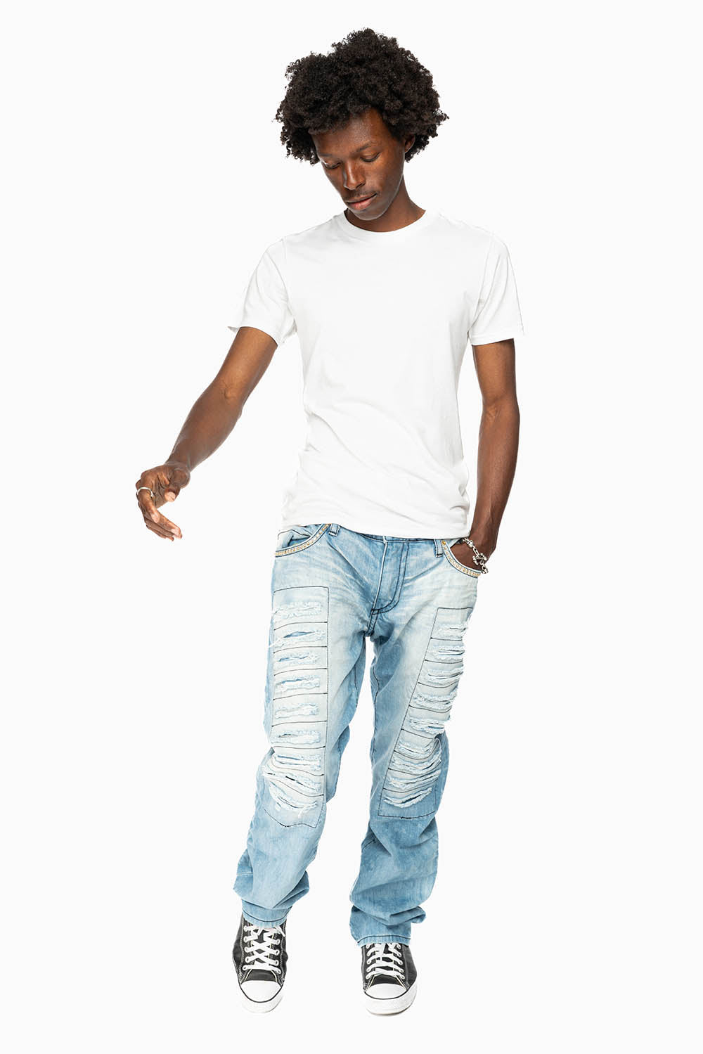 GYPSY STRAIGHT LEG JEANS LIMITED EDITION REPAIRED EMBELLISHED WITH CRYSTALS IN BLUE 5D LIGHT WASH
