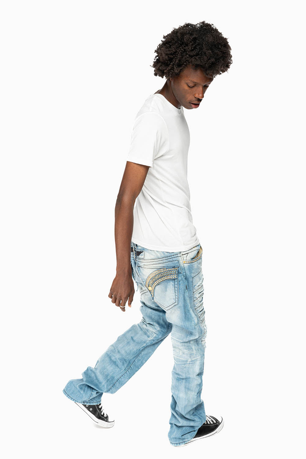 GYPSY STRAIGHT LEG JEANS LIMITED EDITION REPAIRED EMBELLISHED WITH CRYSTALS IN BLUE 5D LIGHT WASH