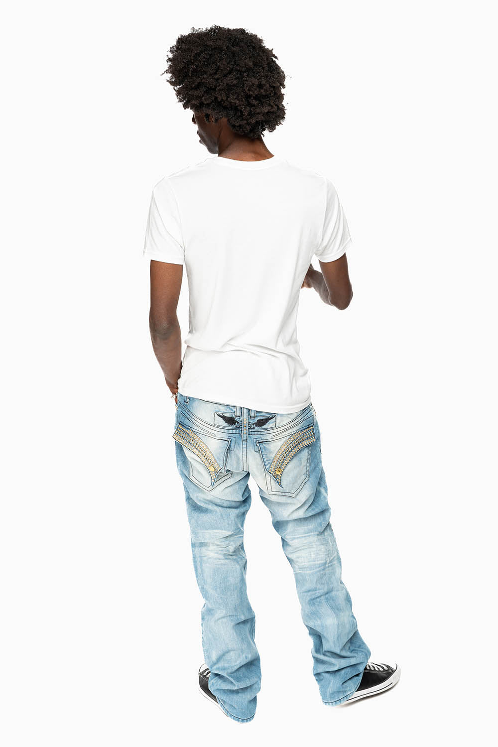 GYPSY STRAIGHT LEG JEANS LIMITED EDITION REPAIRED EMBELLISHED WITH CRYSTALS IN BLUE 5D LIGHT WASH