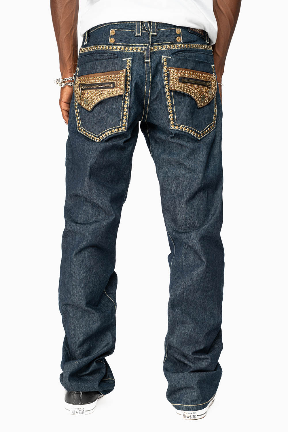 INDIAN WITH BROWN LEATHER ZIPPER FLAPS IN RINSE WASH WITH STUDS AND CRYSTALS