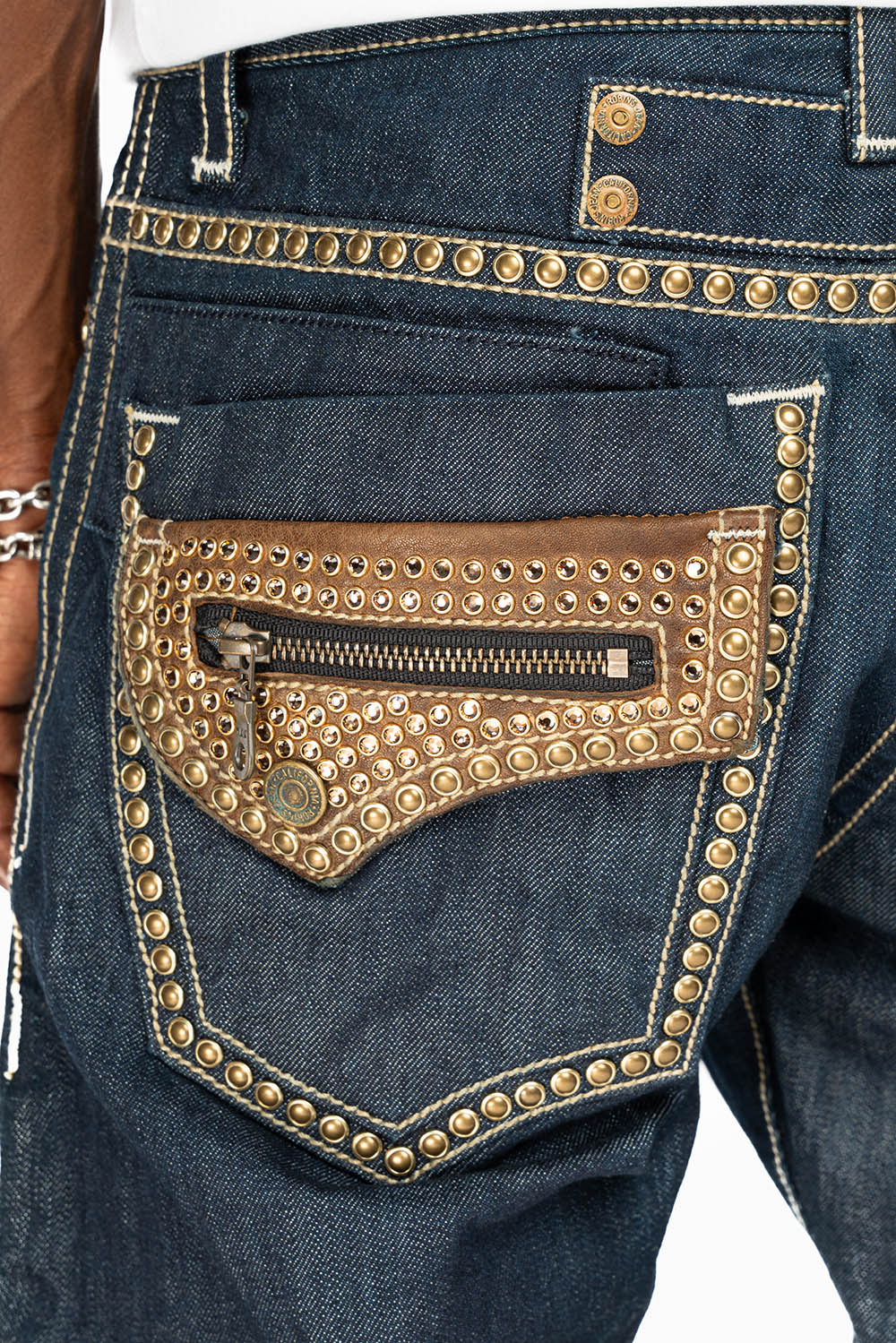 INDIAN WITH BROWN LEATHER ZIPPER FLAPS IN RINSE WASH WITH STUDS AND CRYSTALS