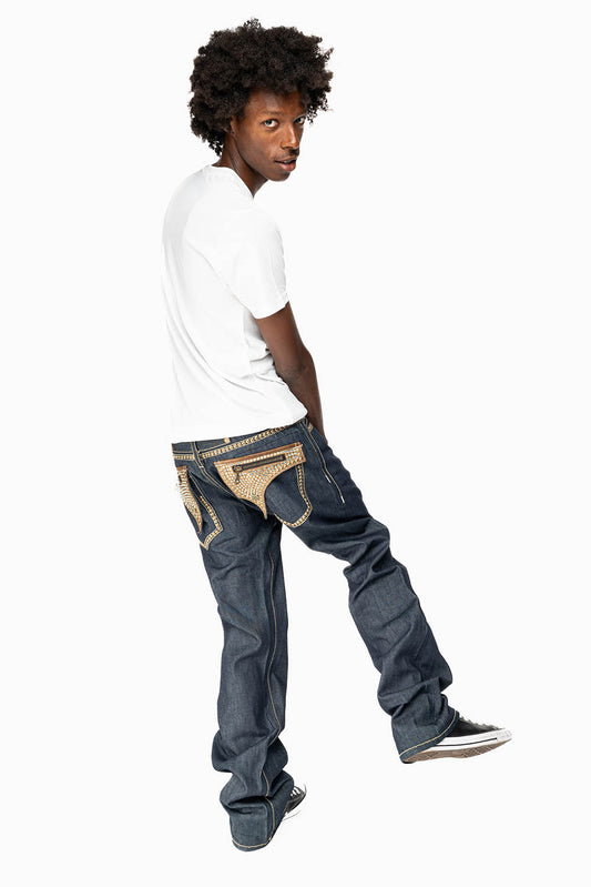 CLINT IN RINSE WASH  BROWN LEATHER ZIPPER FLAPS FULLY EMBELLISHED WITH CRYSTALS AND STUDS
