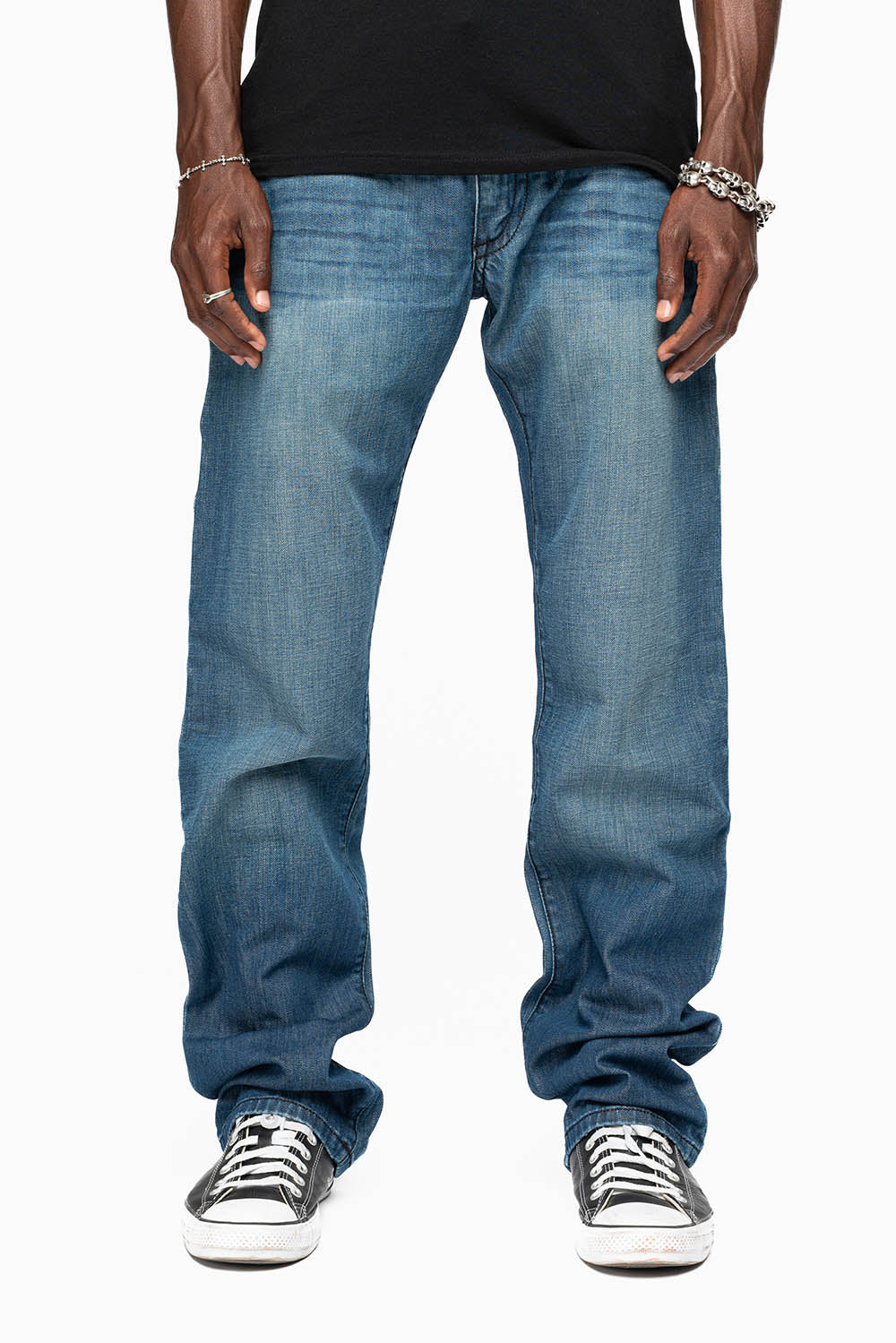 MENS DOUBLE BACK POCKET SMOKEY DARK WASH JEANS EMBELLISHED WITH GOLD CRYSTALS AND STUDS