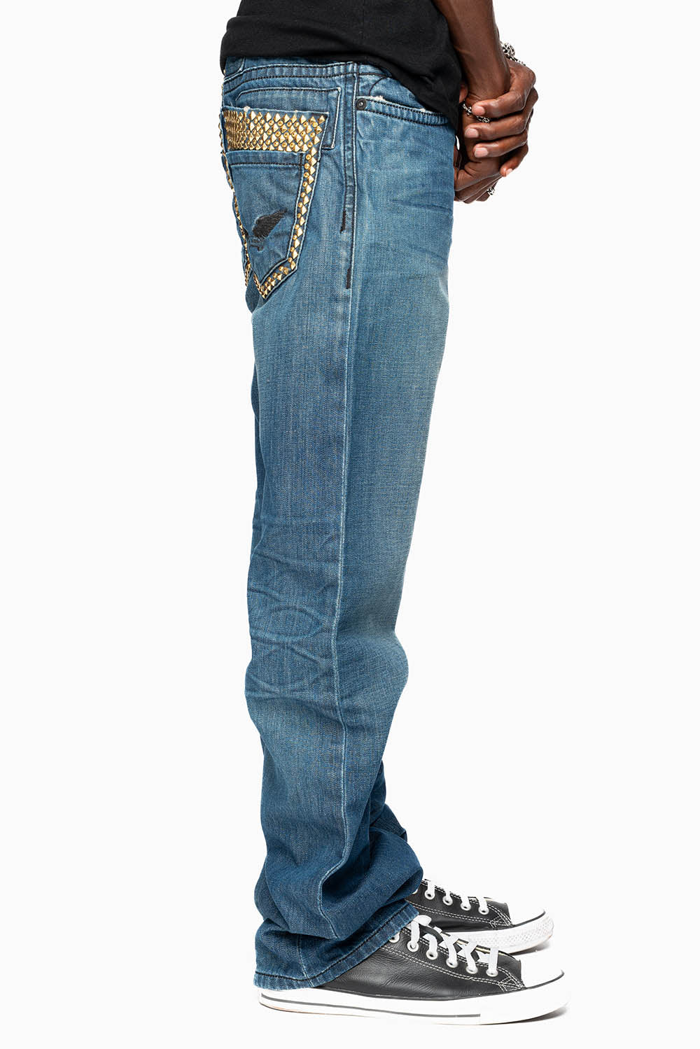 MENS DOUBLE BACK POCKET SMOKEY DARK WASH JEANS EMBELLISHED WITH GOLD CRYSTALS AND STUDS