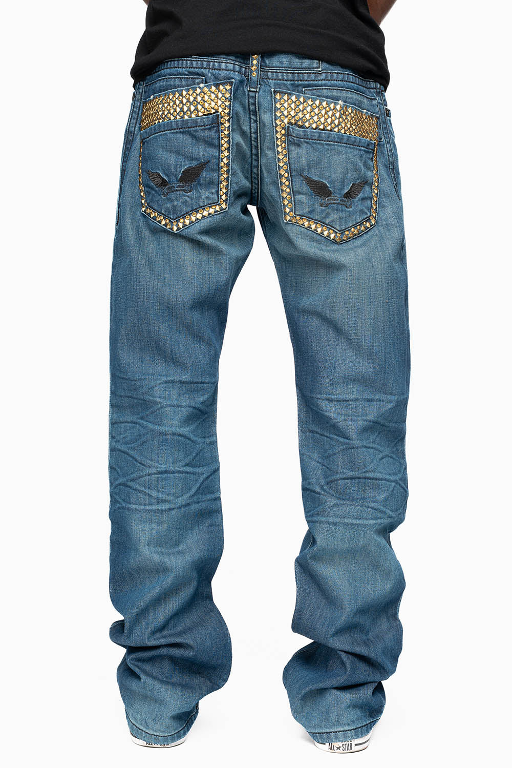 MENS DOUBLE BACK POCKET SMOKEY DARK WASH JEANS EMBELLISHED WITH GOLD CRYSTALS AND STUDS