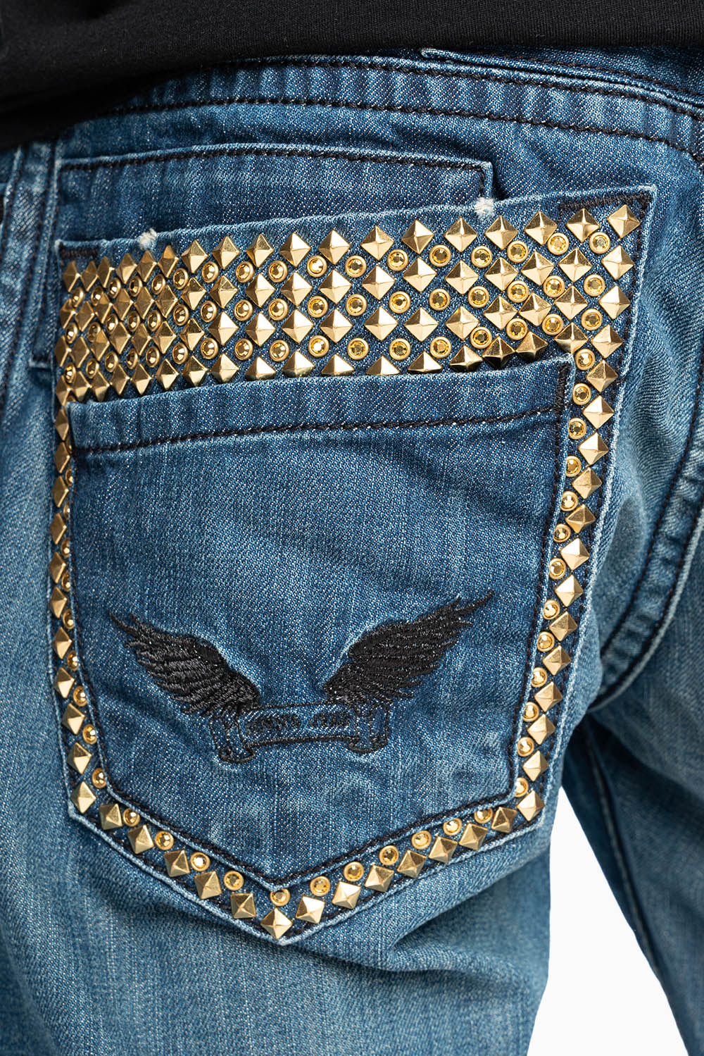 MENS DOUBLE BACK POCKET SMOKEY DARK WASH JEANS EMBELLISHED WITH GOLD CRYSTALS AND STUDS