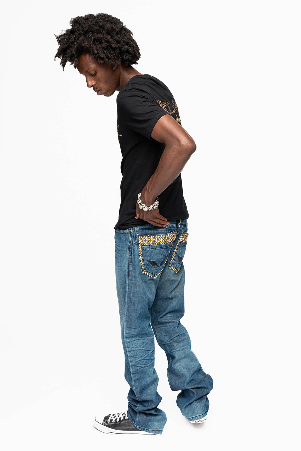 MENS DOUBLE BACK POCKET SMOKEY DARK WASH JEANS EMBELLISHED WITH GOLD CRYSTALS AND STUDS