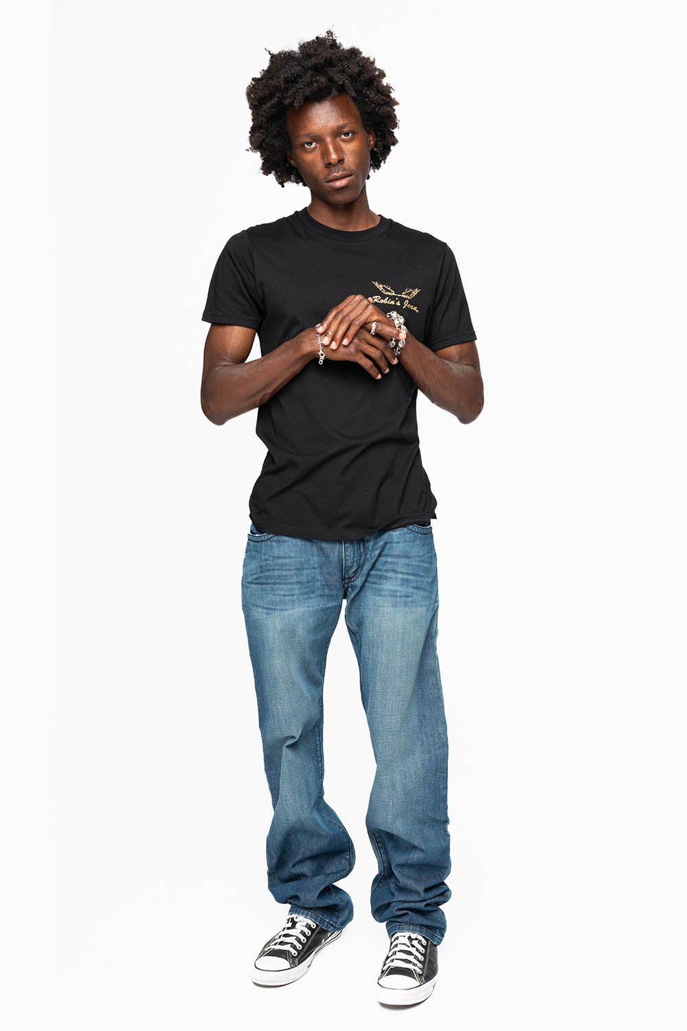 MENS DOUBLE BACK POCKET SMOKEY DARK WASH JEANS EMBELLISHED WITH GOLD CRYSTALS AND STUDS