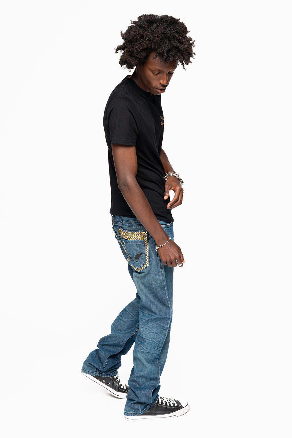 MENS DOUBLE BACK POCKET SMOKEY DARK WASH JEANS EMBELLISHED WITH GOLD CRYSTALS AND STUDS