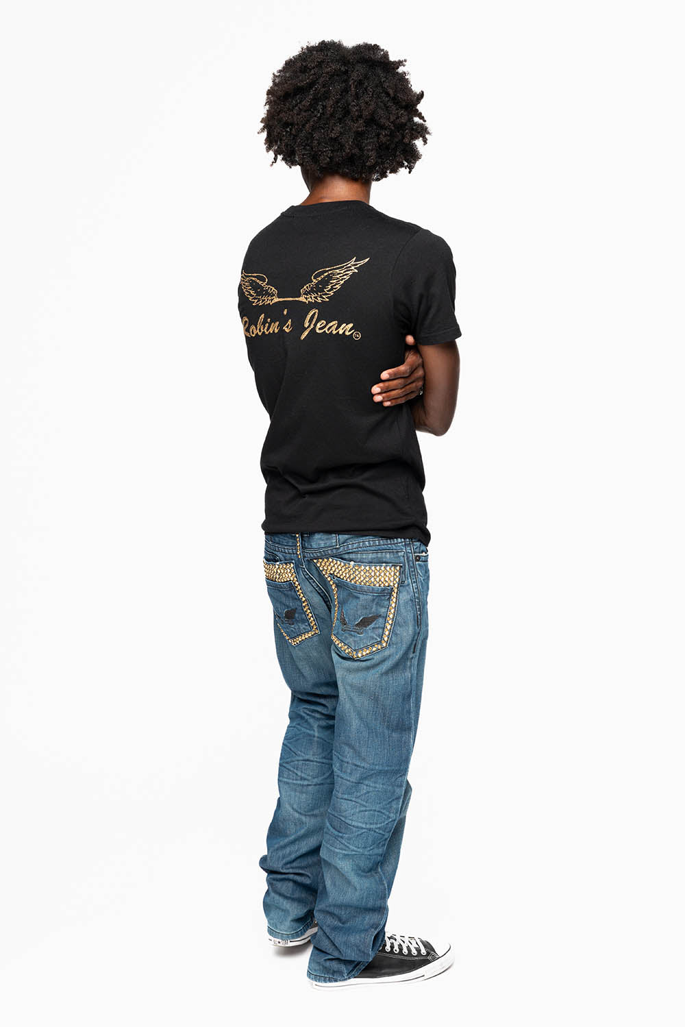 MENS DOUBLE BACK POCKET SMOKEY DARK WASH JEANS EMBELLISHED WITH GOLD CRYSTALS AND STUDS