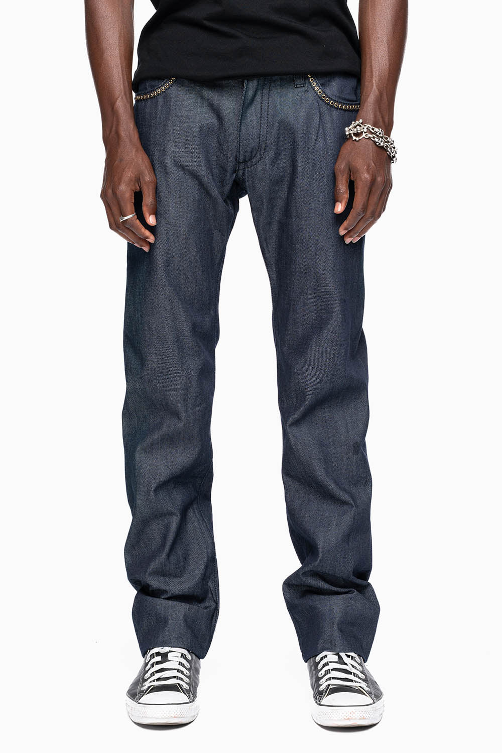 MENS CLASSIC 5 POCKET STRAIGHT LEG JEANS IN RAW DENIM BLK STITCHING FULLY EMBELLISHED WITH  CRYSTALS
