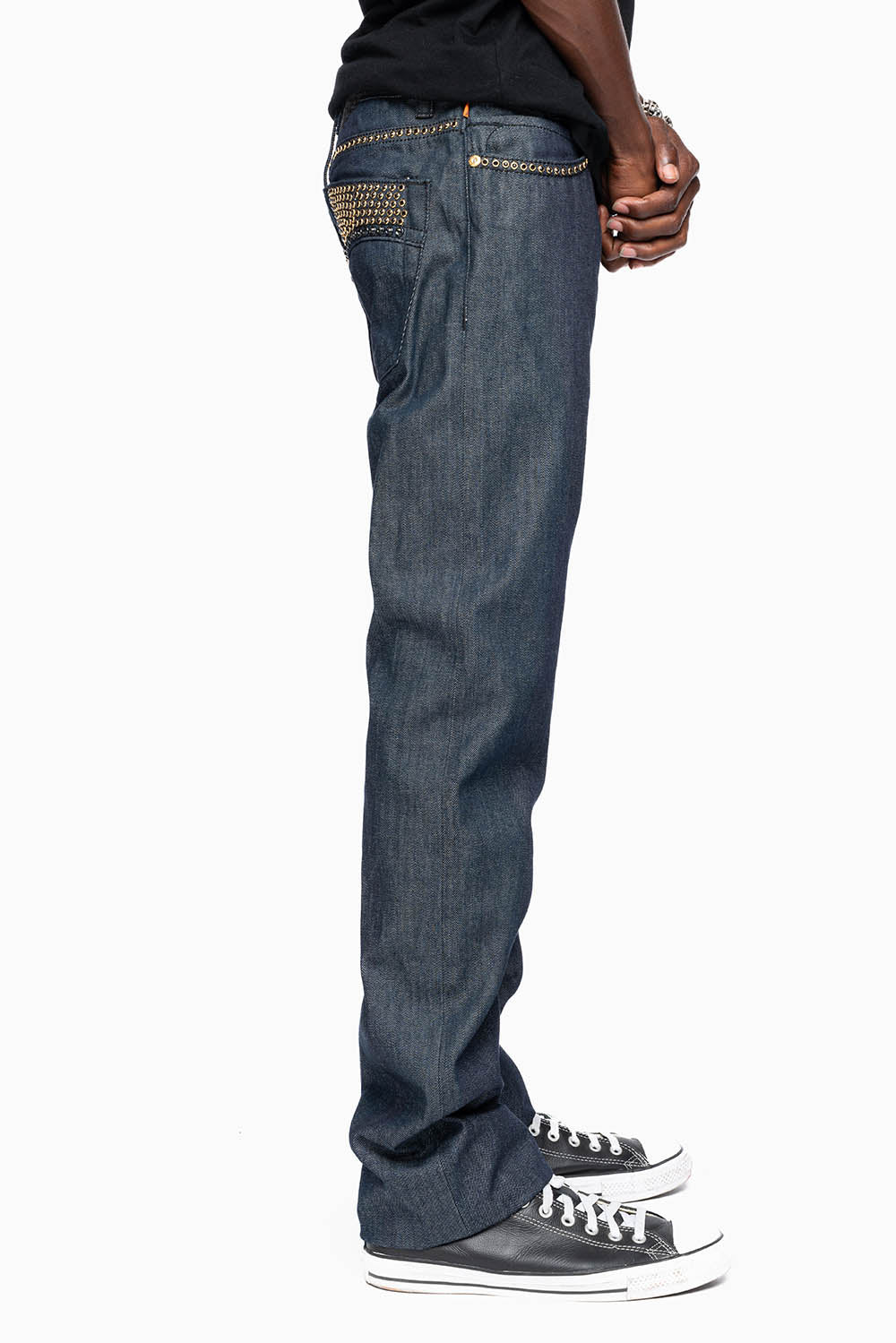 MENS CLASSIC 5 POCKET STRAIGHT LEG JEANS IN RAW DENIM BLK STITCHING FULLY EMBELLISHED WITH  CRYSTALS